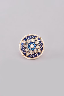 Gold Finish Kundan Polki & White Stone Enameled Ring