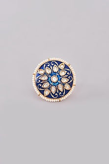 Gold Finish Kundan Polki & White Stone Enameled Ring