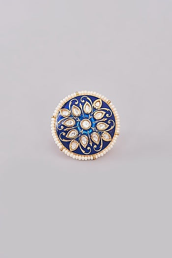 Gold Finish Kundan Polki & White Stone Enameled Ring