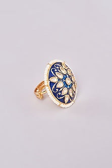 Gold Finish Kundan Polki & White Stone Enameled Ring