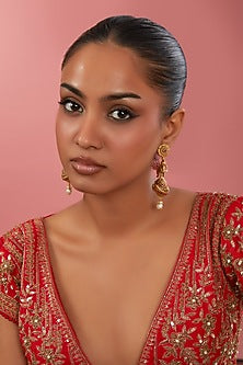 Gold Finish Pink Synthetic Stone & Pearl Temple Dangler Earrings
