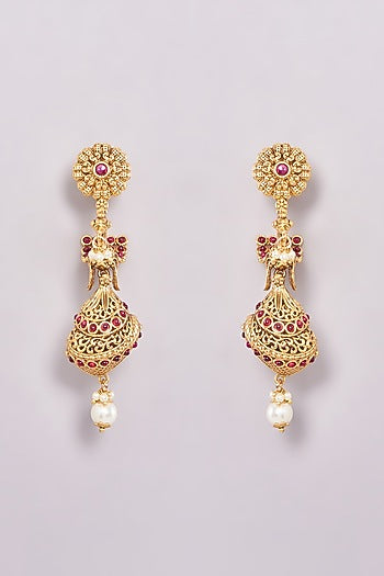 Gold Finish Pink Synthetic Stone & Pearl Temple Dangler Earrings