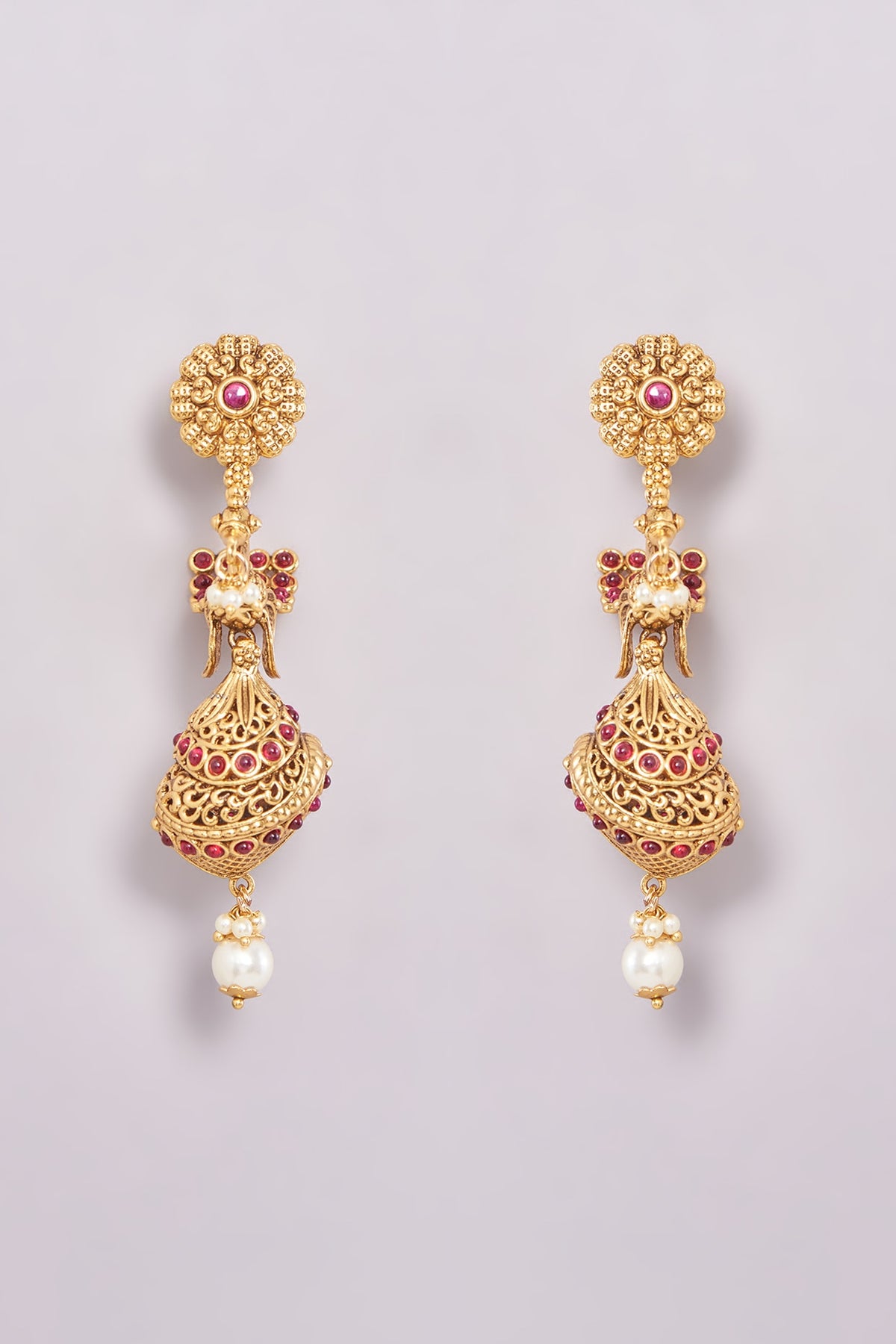 Gold Finish Pink Synthetic Stone & Pearl Temple Dangler Earrings