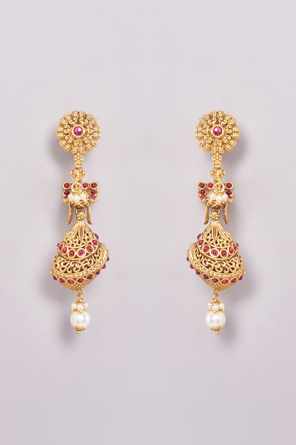 Gold Finish Pink Synthetic Stone & Pearl Temple Dangler Earrings