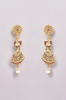 Gold Finish Pink Synthetic Stone & Pearl Temple Dangler Earrings