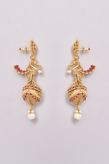 Gold Finish Pink Synthetic Stone & Pearl Temple Dangler Earrings