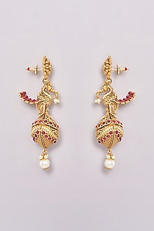 Gold Finish Pink Synthetic Stone & Pearl Temple Dangler Earrings