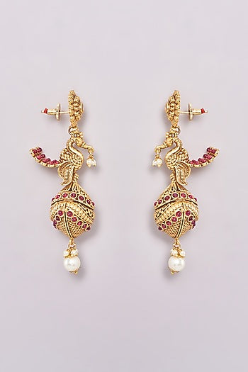 Gold Finish Pink Synthetic Stone & Pearl Temple Dangler Earrings