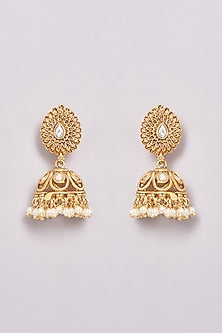 Gold Finish Kundan Polki & Pearl Jhumka Earrings