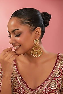 Gold Finish Kundan Polki & Pearl Floral Chandbali Earrings