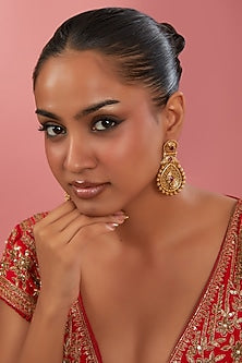 Gold Finish Pink Synthetic Stone Temple Dangler Earrings