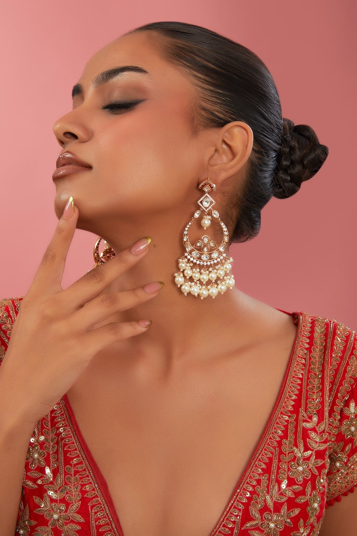 Gold Finish Kundan Polki & Pearl Dangler Earrings