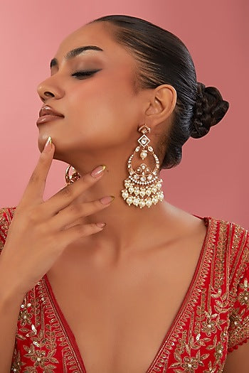 Gold Finish Kundan Polki & Pearl Dangler Earrings