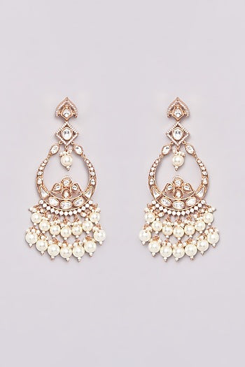 Gold Finish Kundan Polki & Pearl Dangler Earrings