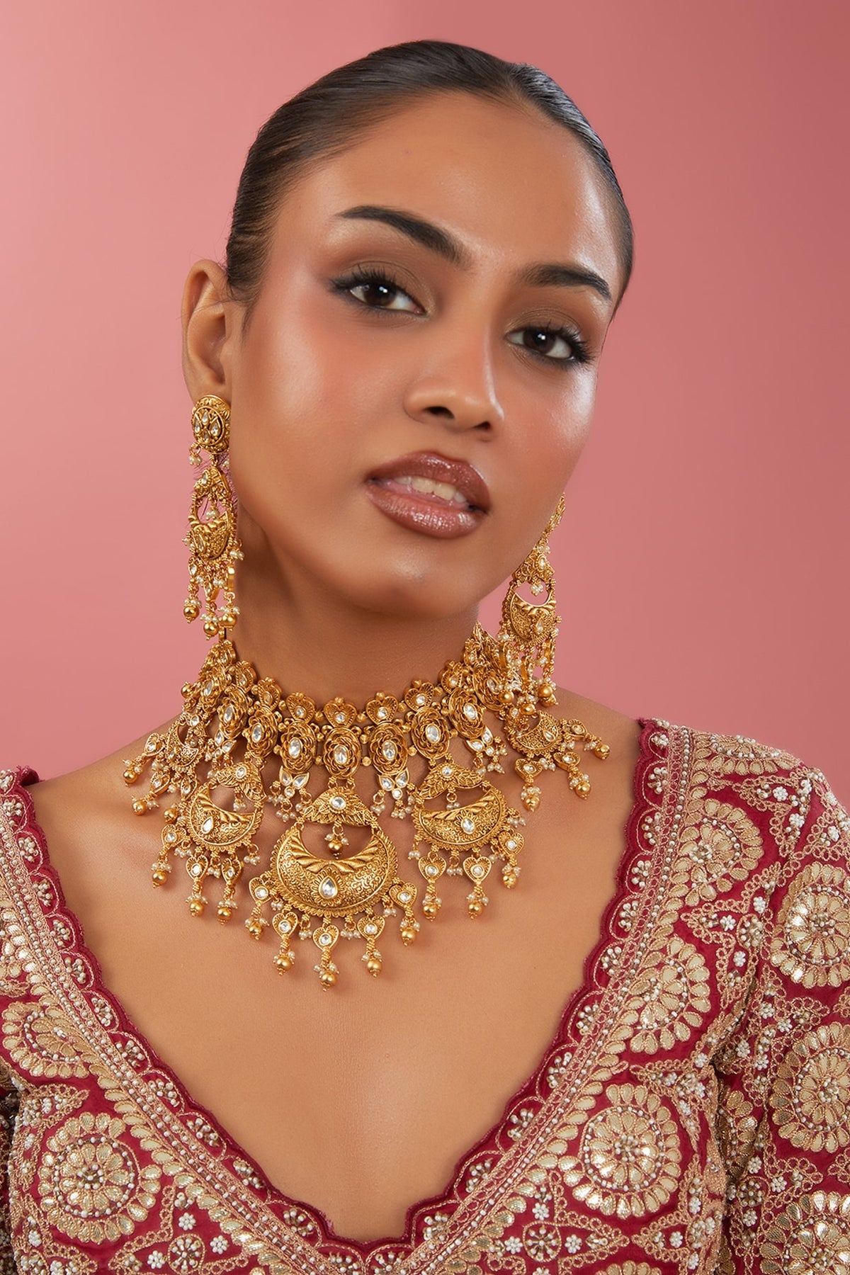 Gold Finish Kundan Polki Choker Necklace Set