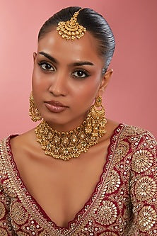 Gold Finish Kundan Polki & Green Stone Choker Necklace Set