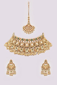 Gold Finish Kundan Polki & Green Stone Choker Necklace Set