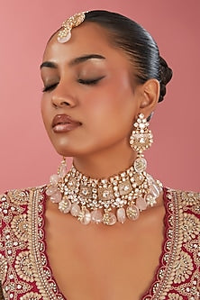 Gold Finish Kundan Polki & Pink Synthetic Stone Choker Necklace Set