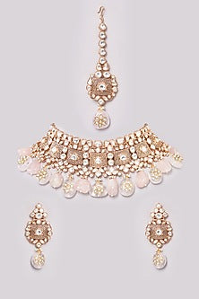 Gold Finish Kundan Polki & Pink Synthetic Stone Choker Necklace Set