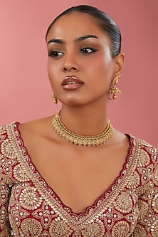 Gold Finish Coin Motif Temple Choker Necklace Set