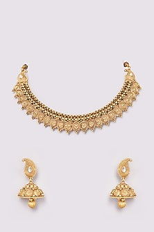 Gold Finish Coin Motif Temple Choker Necklace Set