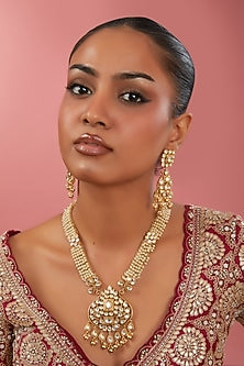 Gold Finish Kundan Polki & White Beaded Long Necklace Set