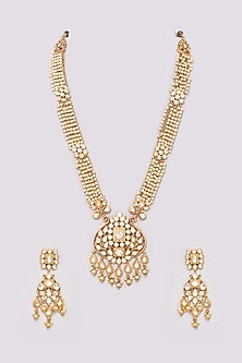 Gold Finish Kundan Polki & White Beaded Long Necklace Set