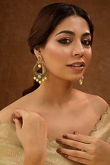 Gold Finish Green Stone & Pearl Dangler Earrings