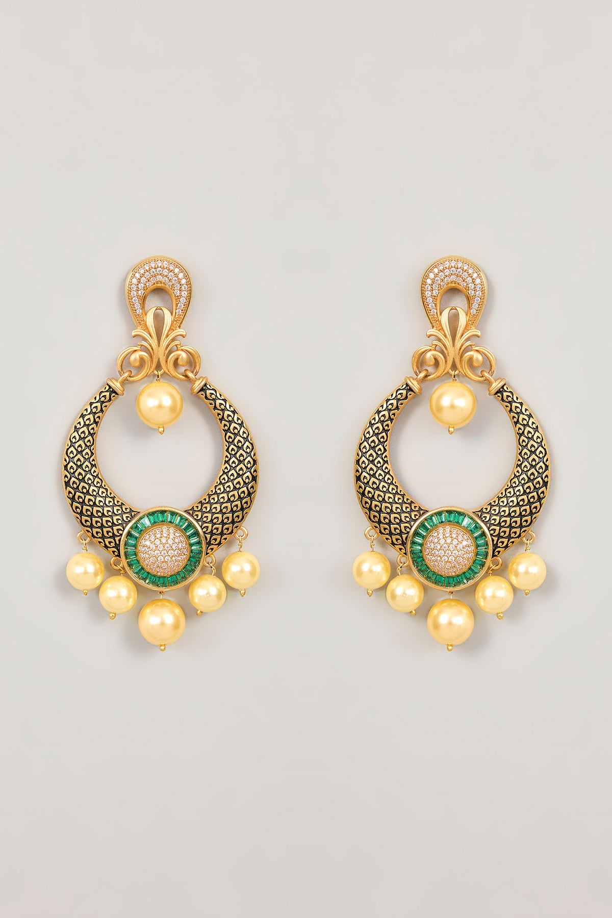 Gold Finish Green Stone & Pearl Dangler Earrings