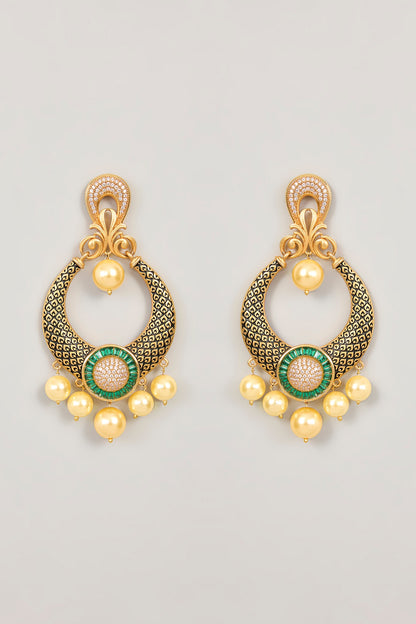 Gold Finish Green Stone & Pearl Dangler Earrings