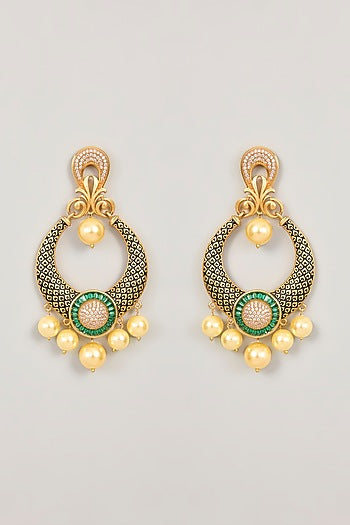Gold Finish Green Stone & Pearl Dangler Earrings