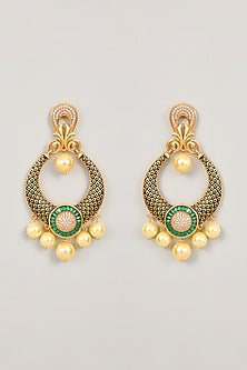 Gold Finish Green Stone & Pearl Dangler Earrings