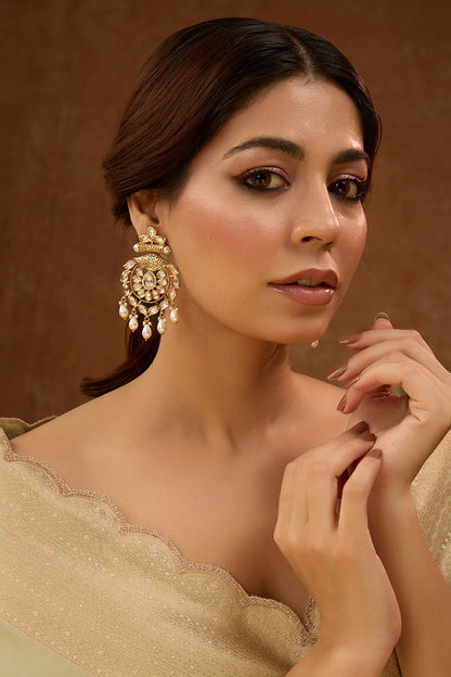 Gold Finish Kundan Polki & Pearl Dangler Earrings
