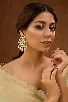 Gold Finish Kundan Polki & Pearl Dangler Earrings