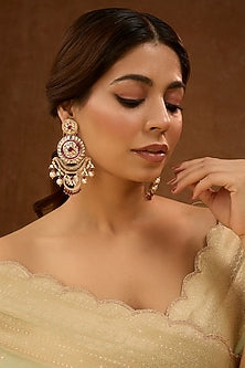 Gold Finish Kundan Polki & Red Stone Dangler Earrings