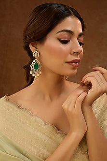 Gold Finish Kundan Polki & Green Stone Dangler Earrings