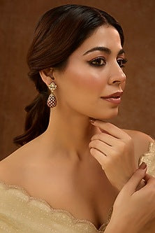 Gold Finish Kundan Polki & Cubic Zirconia Enameled Dangler Earrings