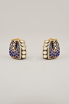 Gold Finish Kundan Polki & Cubic Zirconia Enameled Hoop Earrings