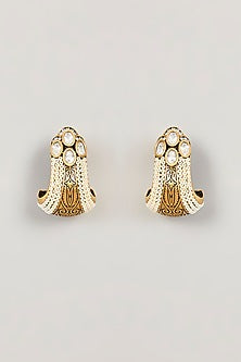 Gold Finish Kundan Polki & White Pearl Hoop Earrings