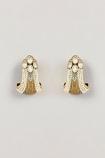 Gold Finish Kundan Polki & White Pearl Hoop Earrings