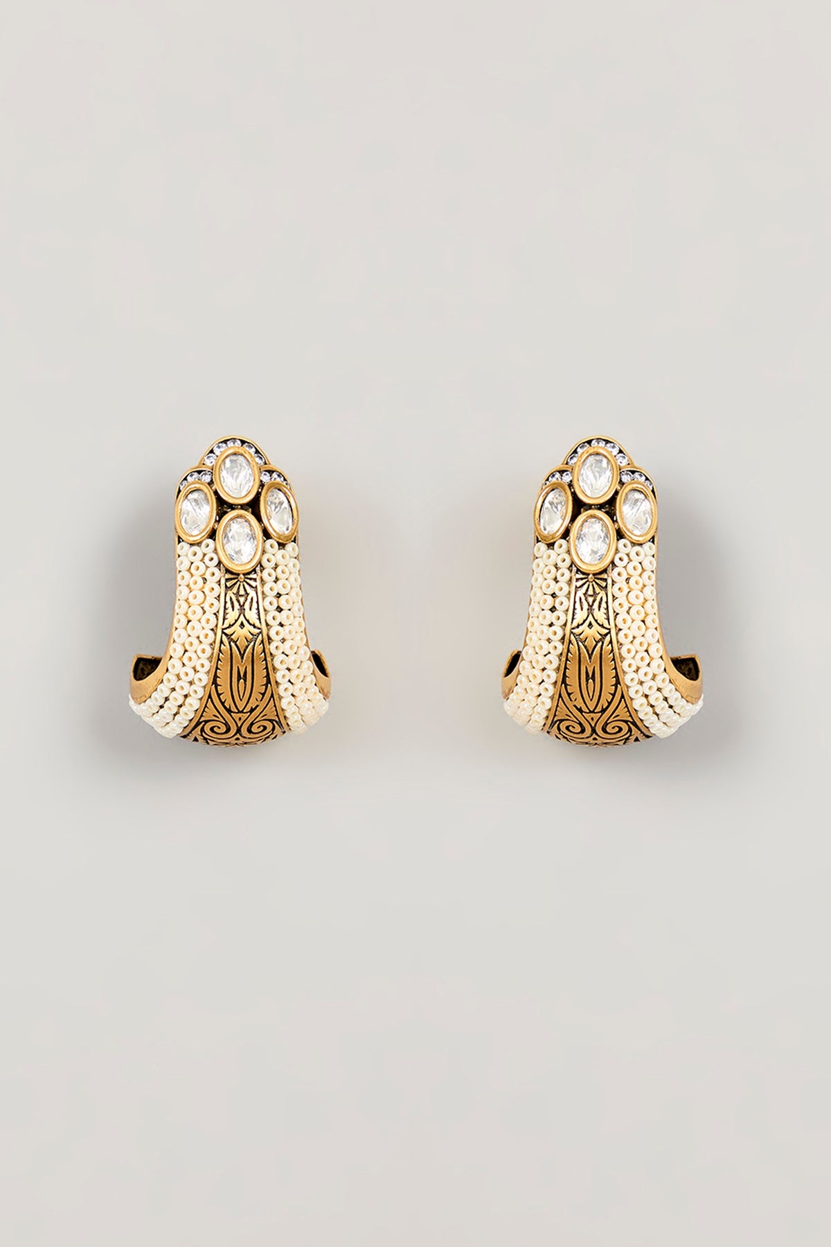 Gold Finish Kundan Polki & White Pearl Hoop Earrings