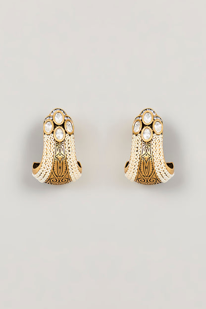 Gold Finish Kundan Polki & White Pearl Hoop Earrings