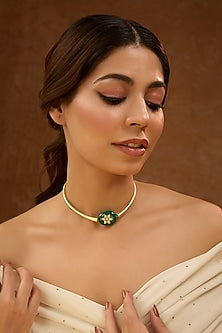 Gold Finish Green Gemstone & Zircon Hasli Necklace