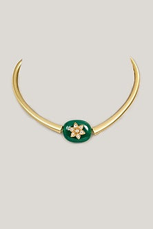 Gold Finish Green Gemstone & Zircon Hasli Necklace