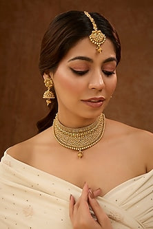 Gold Finish Floral Motif & Beaded Temple Necklace Set