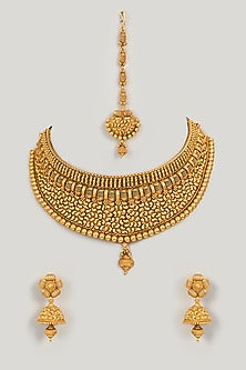 Gold Finish Floral Motif & Beaded Temple Necklace Set