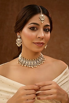 Gold Finish Pink Gemstone & Pearl Necklace Set