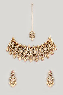 Gold Finish Pink Gemstone & Pearl Necklace Set