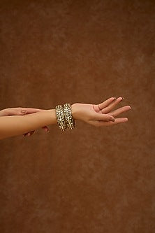 Gold Finish Kundan Polki Enameled Floral Bangles (Set Of 2)