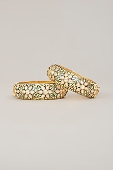 Gold Finish Kundan Polki Enameled Floral Bangles (Set Of 2)